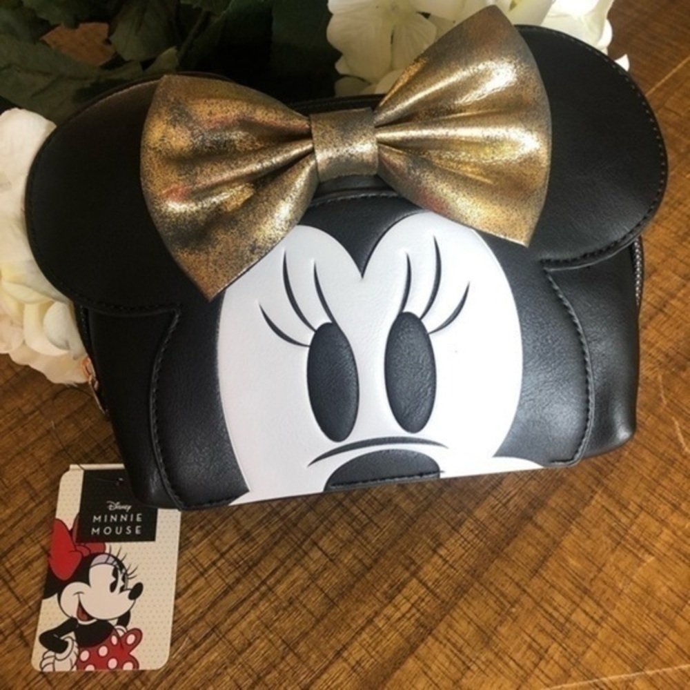 Minnie Mouse Cosmetic Case NWT | Black Faux Leather Gold Bow Makeup Bag